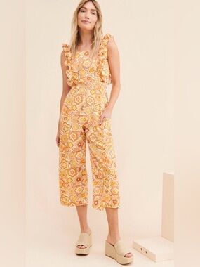 Dazey LA Sleeveless Floral Ruffle Jumpsuit in Yellow Size Medium